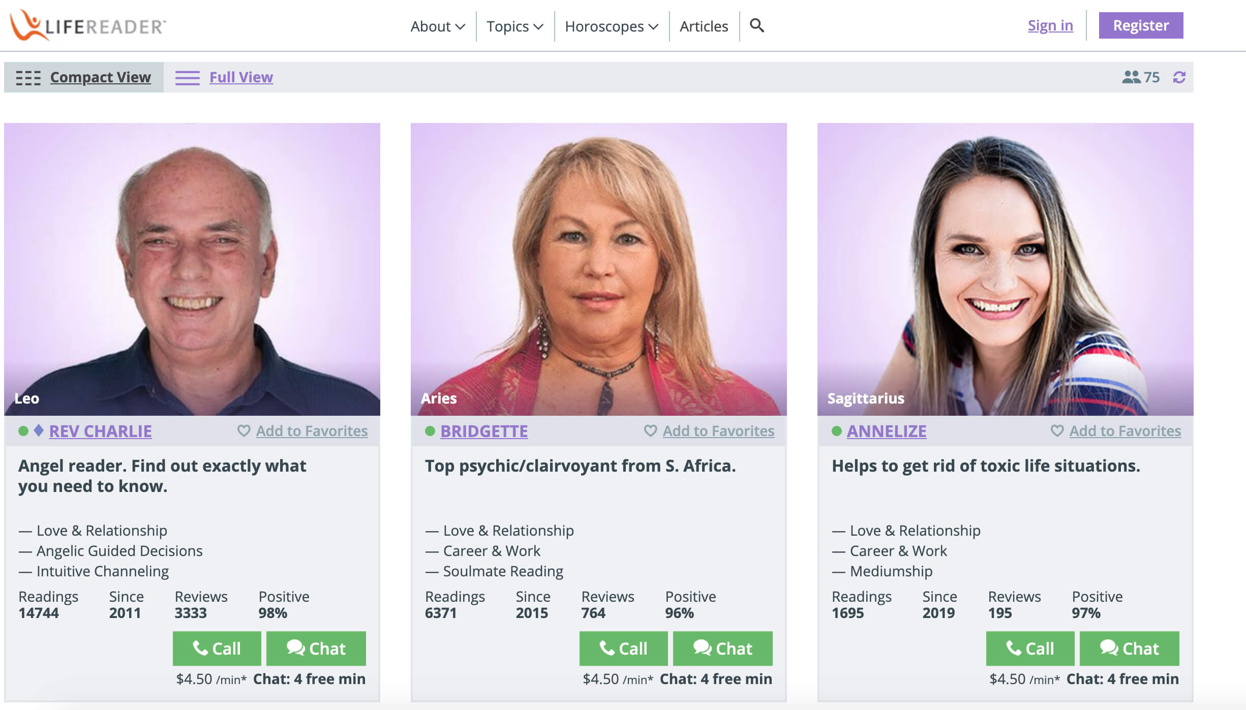 Call and chat with LifeReader psychics who focus on different psychic aspects